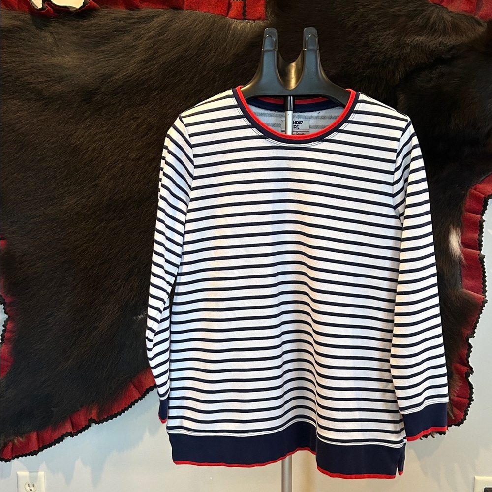 Lands' End Navy & White Striped Sweatshirt with Red Trim